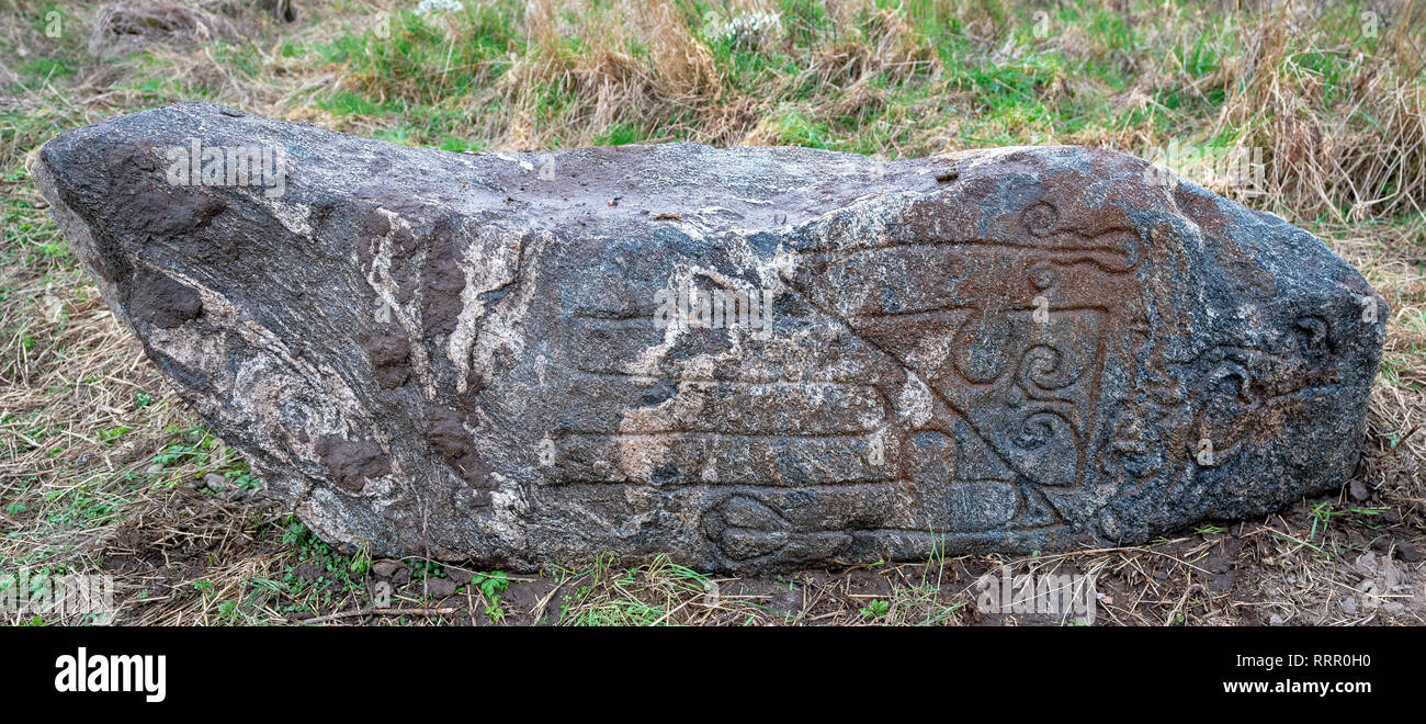 Moray, Scotland, UK. 25th February, 2019. This is the Pictish Stone that was allegedly dug up during excavations relative to Elgin Business Park, Barmuckity, Moray, Scotland and dumped. Wayne Miles who resides within the area found that the large Granite Stone had pictish type engraving thereon. Credit: JASPERIMAGE/Alamy Live News Stock Photo