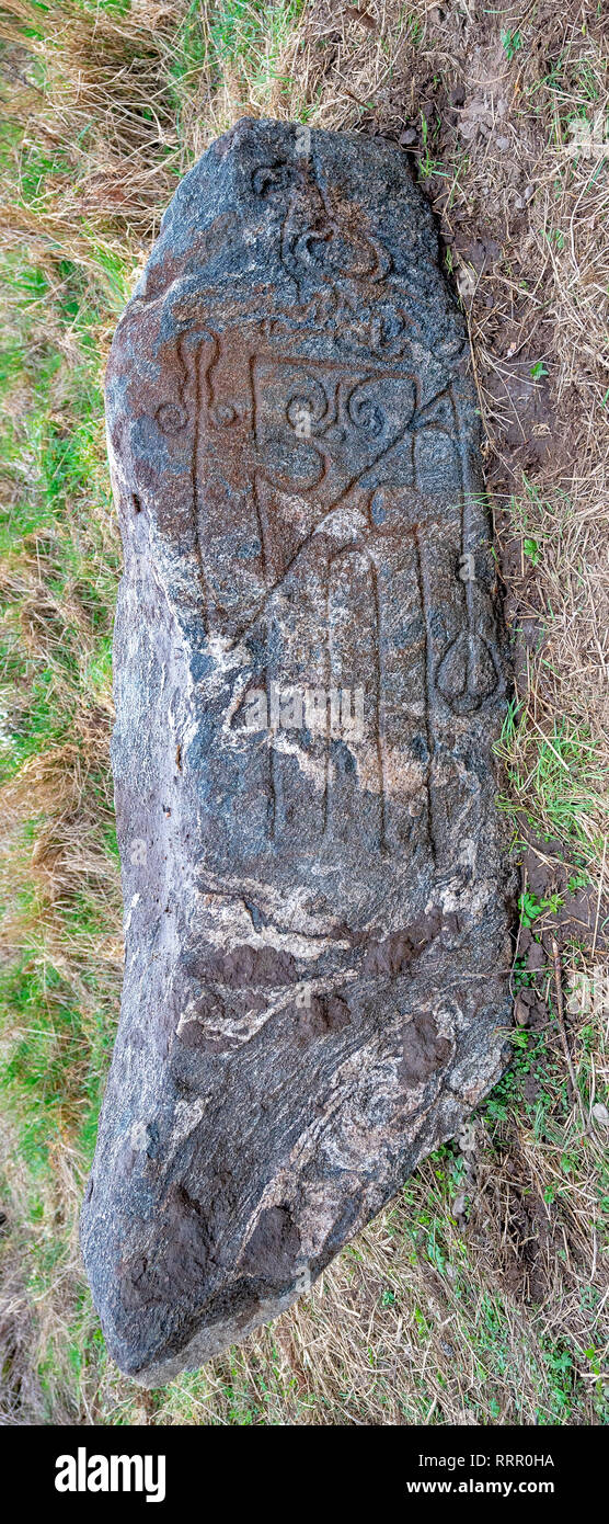 Moray, Scotland, UK. 25th February, 2019. This is the Pictish Stone that was allegedly dug up during excavations relative to Elgin Business Park, Barmuckity, Moray, Scotland and dumped. Wayne Miles who resides within the area found that the large Granite Stone had pictish type engraving thereon. Credit: JASPERIMAGE/Alamy Live News Stock Photo