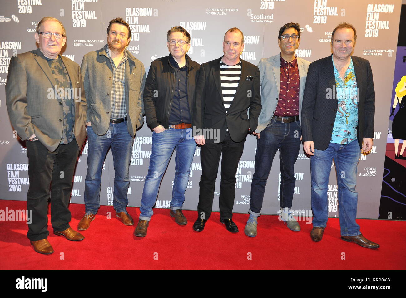 Glasgow, UK. 26th Feb, 2019. (Left-Right) Ford Kiernan - Actor/Writer; Michael Hines - Director; Mark Cox - Actor; Gavin Mitchell - Actor; Sanjeev Kohli - Actor; Greg Hemphill - Actor/Writer seen on the red carpet from TV hit show, Still Game, seen on the red carpet at the Glasgow Film Theatre. Credit: Colin Fisher/Alamy Live News Stock Photo