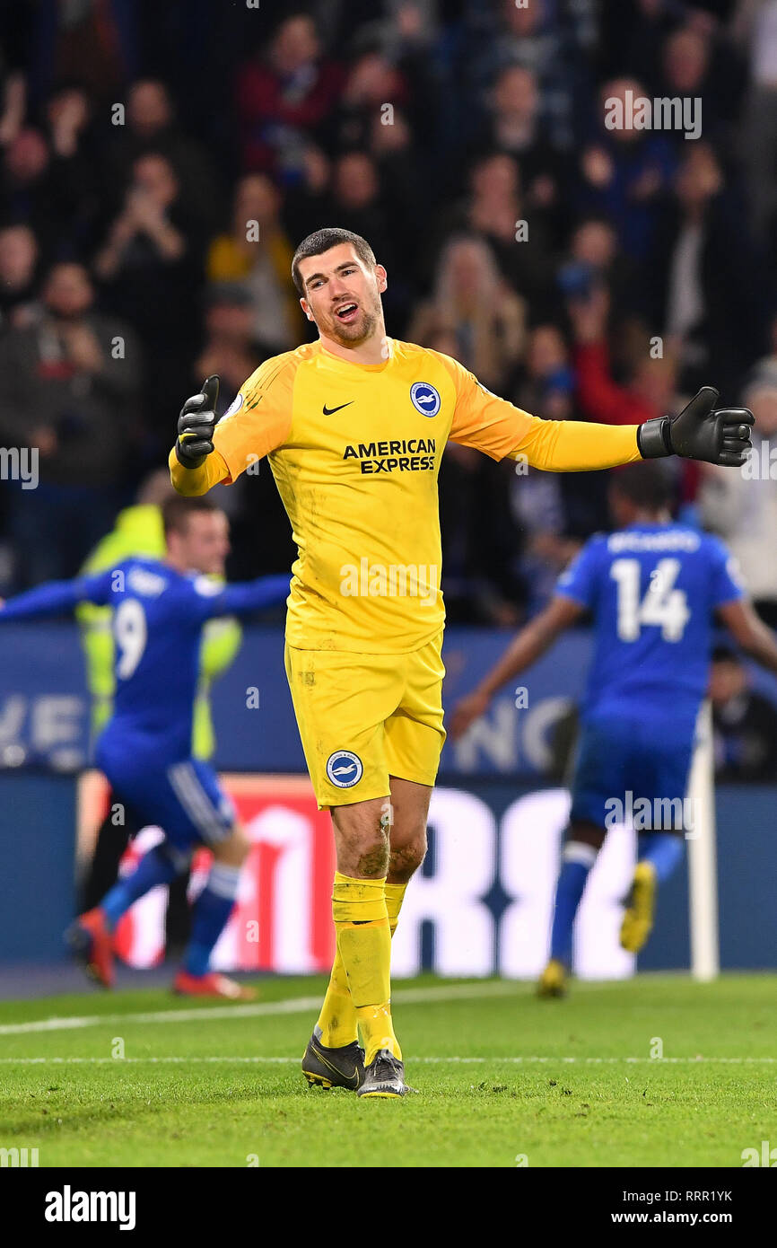LEICESTER , UK  26TH FEBRUARY Brighton goalkeeper Mathew Ryan looking dejected after Leicester City forward Jamie Vardy (9) scored a goal to make 2-0 during the Premier League match between Leicester City and Brighton and Hove Albion at the King Power Stadium, Leicester on Tuesday 26th February 2019. (Credit: Jon Hobley | MI News & Sport Ltd) Stock Photo