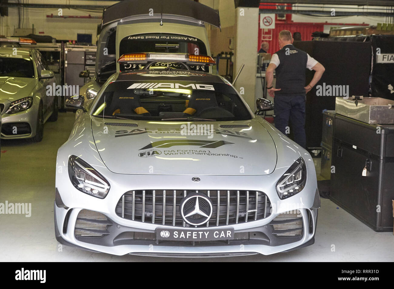 Spain. 26th Feb, 2019. Safety Car seen at the garage of the Pit Line, during the winter testing days at the Circuit de Catalunya in Montmelo Credit: Fernando Pidal/SOPA Images/ZUMA Wire/Alamy Live News Stock Photo