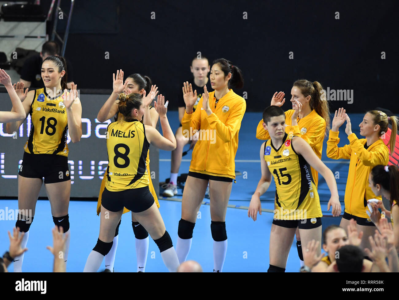 Istanbul, Turkey. 26th Feb, 2019. Chinese volleyball player Zhu Ting (C) of  Vakifbank and her teamates cheers prior to the group match between Vakifbank  Istanbul of Turkey and Beziers VB of France