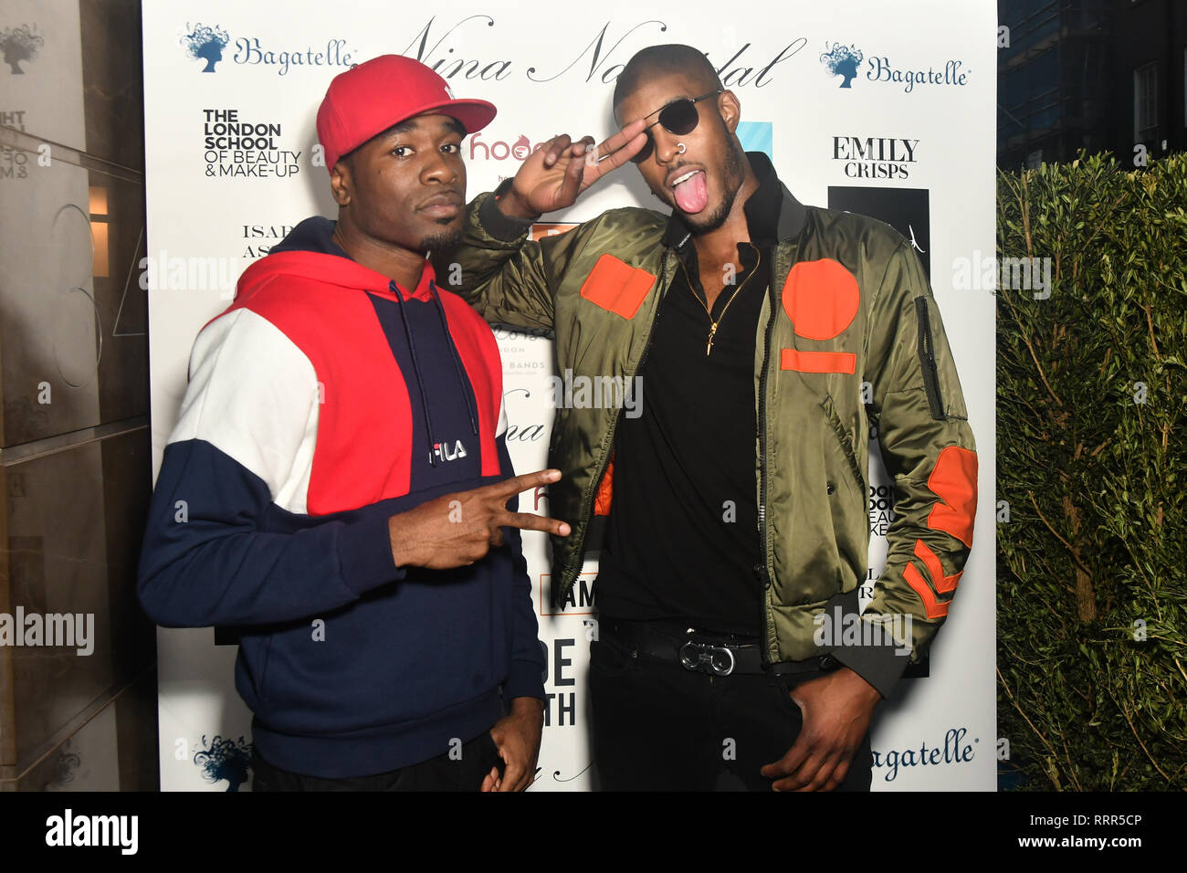 London, UK. 26th Feb 2019. D-Jukes ,Stefan-Pierre Tomlin Arrivers at Nina Naustdal catwalk show SS19/20 collection by The London School of Beauty & Make-up at Bagatelle on 26 Feb 2019, London, UK. Credit: Picture Capital/Alamy Live News Stock Photo