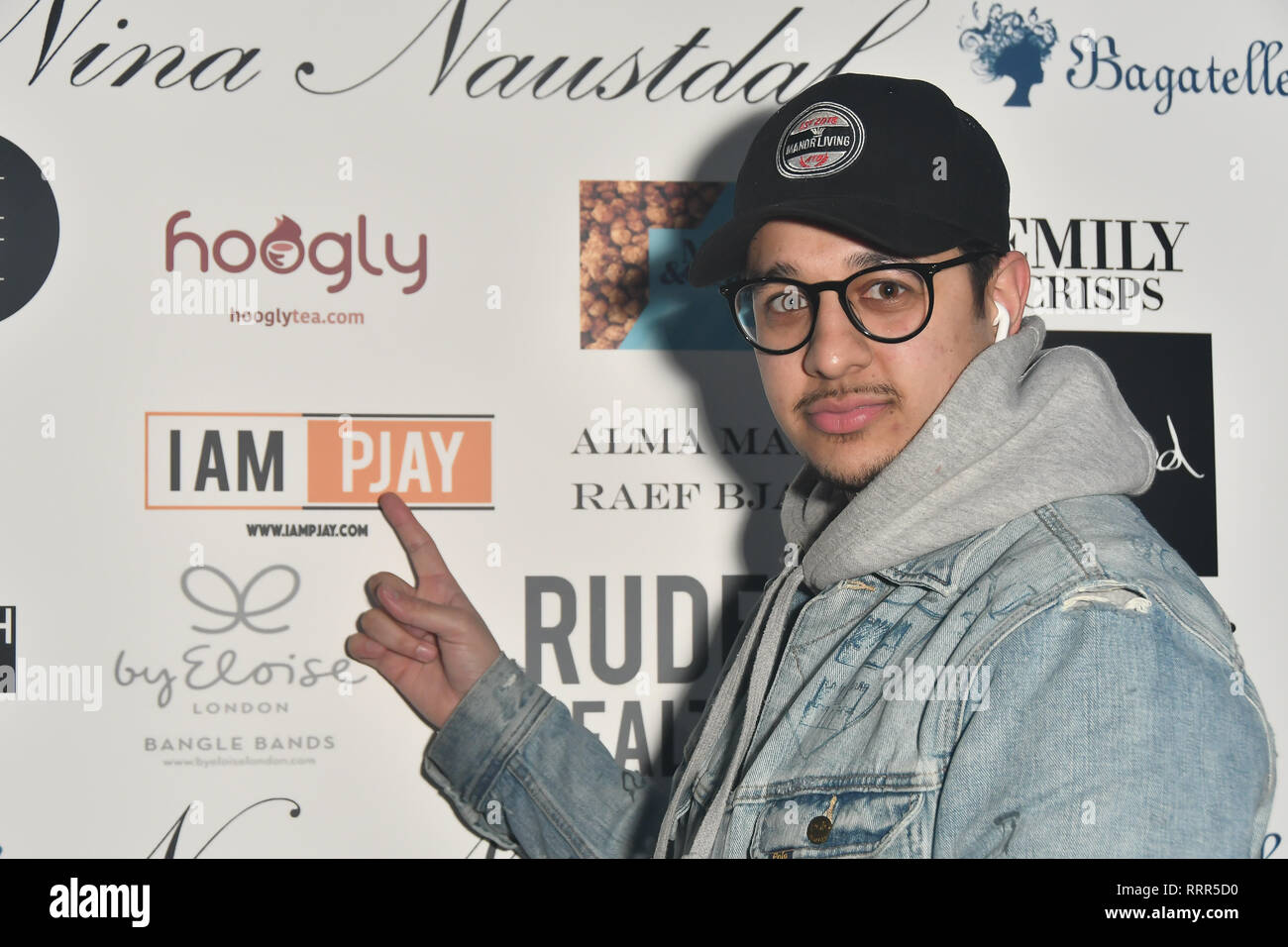 London, UK. 26th Feb 2019. Iam Pjay Dj at Nina Naustdal catwalk show SS19/20 collection by The London School of Beauty & Make-up at Bagatelle on 26 Feb 2019, London, UK. Credit: Picture Capital/Alamy Live News Stock Photo