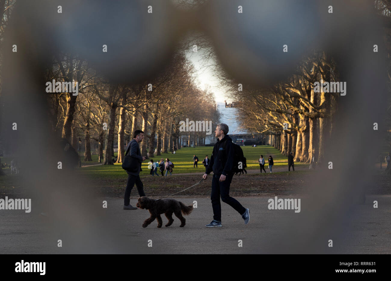 London, Britain. 26th Feb, 2019. People walk at the Green Park in London, Britain, on Feb. 26, 2019. Britain experienced its warmest February day on record Monday as the highest temperature reached 20.3 degrees Celsius in Wales. It was also the first time that a temperature exceeding 20 degrees in winter was recorded. It broke Britain's record of the highest February temperature of 19.7 degrees set at Greenwich in 1998. Credit: Han Yan/Xinhua/Alamy Live News Stock Photo
