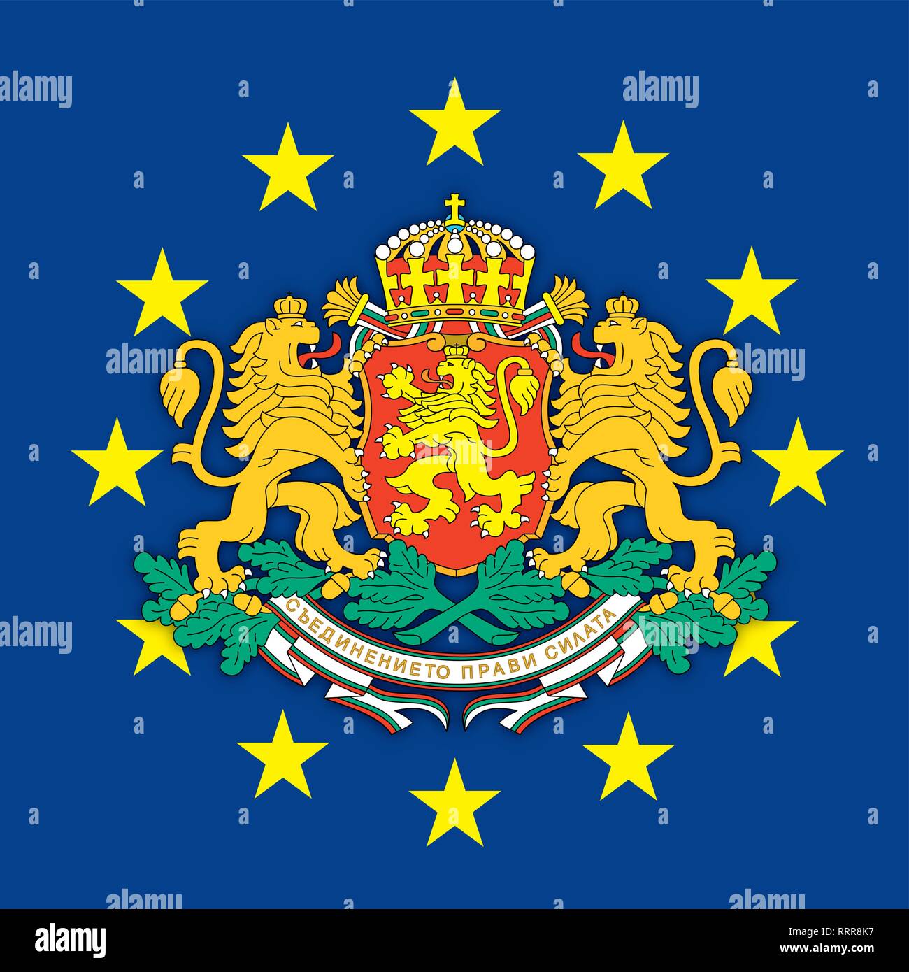 Bulgaria coat of arms on the European Union flag, vector illustration Stock Vector