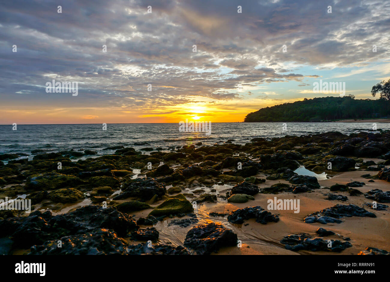 Sunset by the beach at Koh Russey Stock Photo