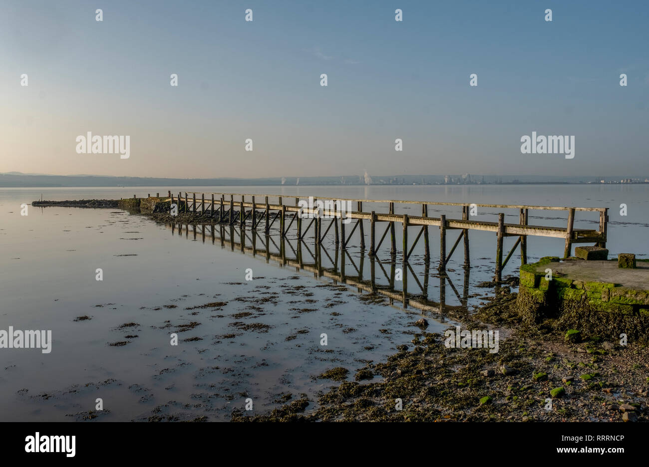 The wooden pier at Culross on the north shore of the Firth of Forth, Fife. Stock Photo