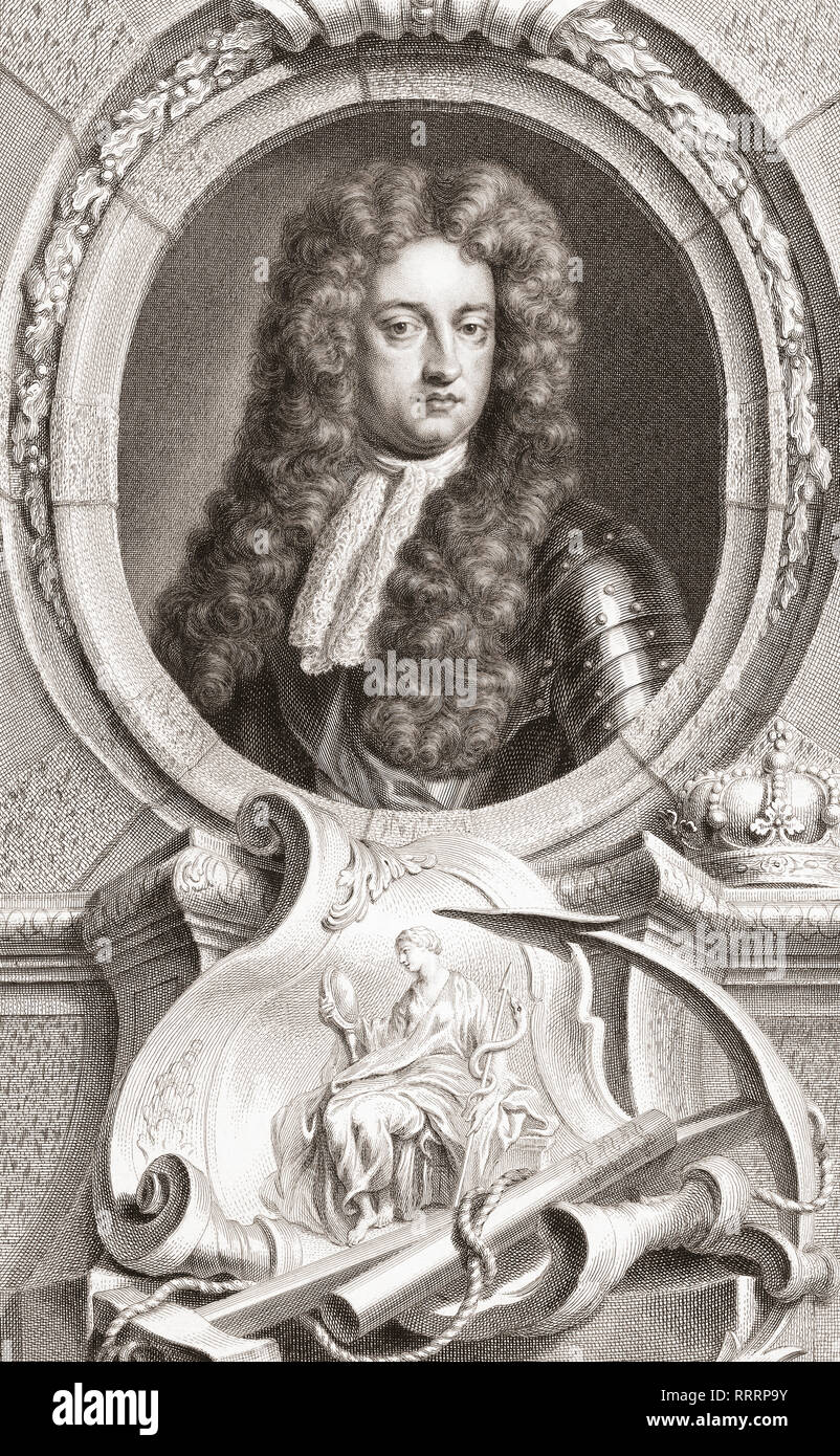 Prince George of Denmark and Norway, Duke of Cumberland, 1653 – 1708.  Husband of Queen Anne of Great Britain.  From the 1813 edition of The Heads of Illustrious Persons of Great Britain, Engraved by Mr. Houbraken and Mr. Vertue With Their Lives and Characters. Stock Photo