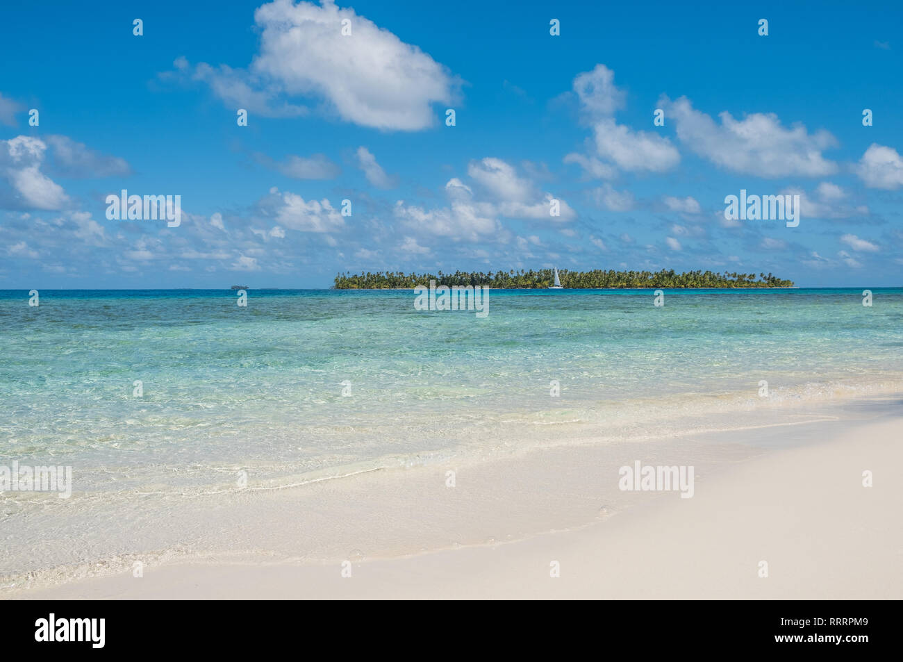 white sand beach with tropical palm tree island - Stock Photo