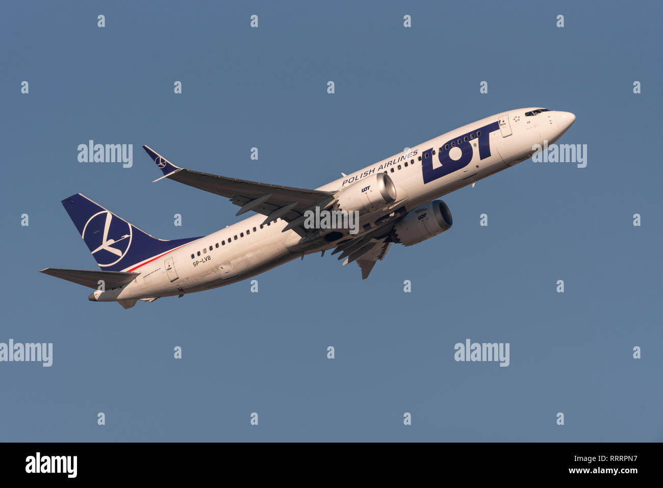 LOT Polish Airlines Boeing 737 Max 8 jet plane SP-LVB taking off from London Heathrow Airport. Troubled 737 Max design, inherited crash registration Stock Photo