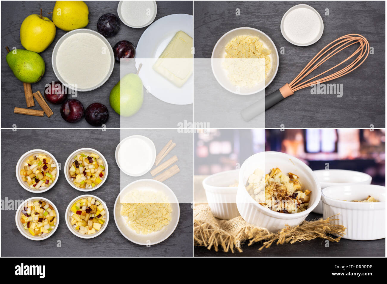 Recipe step by step crumble with fruits in a ceramic ramekin on grey stone Stock Photo Alamy