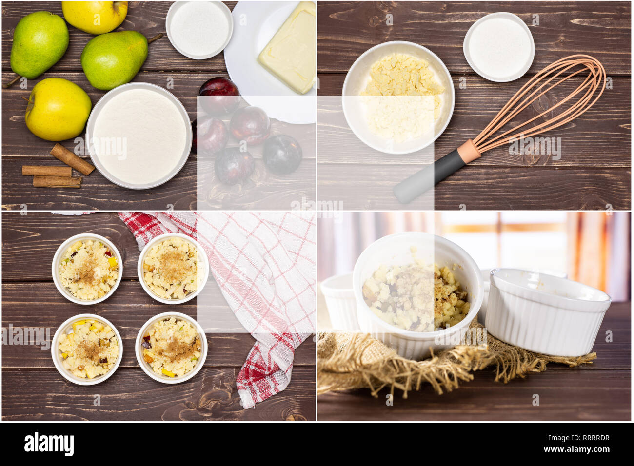 Recipe step by step crumble with fruits in a ceramic ramekin on brown wood Stock Photo Alamy