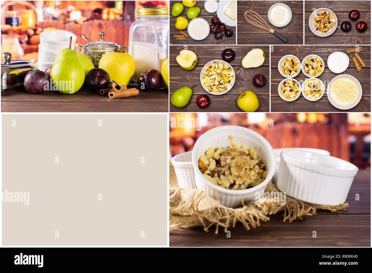 Recipe step by step crumble with fruits in a ceramic ramekin on brown wood Stock Photo Alamy