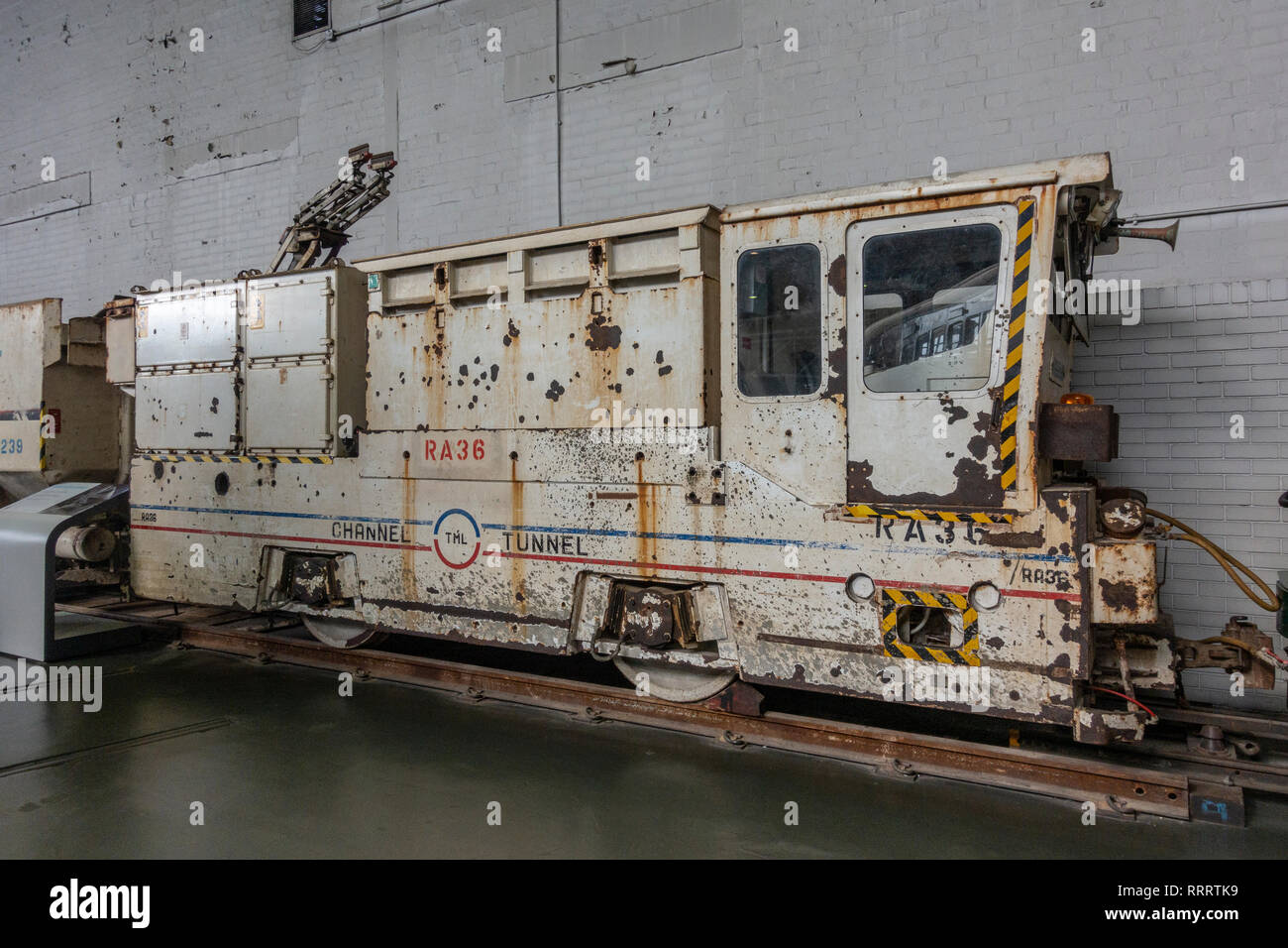 An electric locomotive used to construct the Channel Tunnel (Eurotunnel) on display in the National Railway Museum, York, UK. Stock Photo
