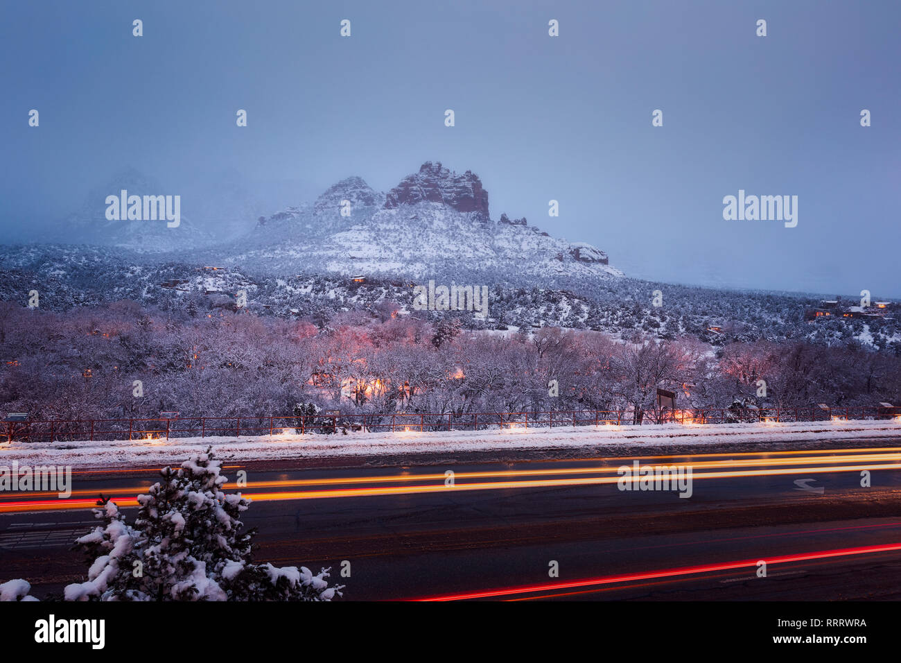 Red rocks covered with winter snow along Highway 89A in Sedona, Arizona, USA Stock Photo