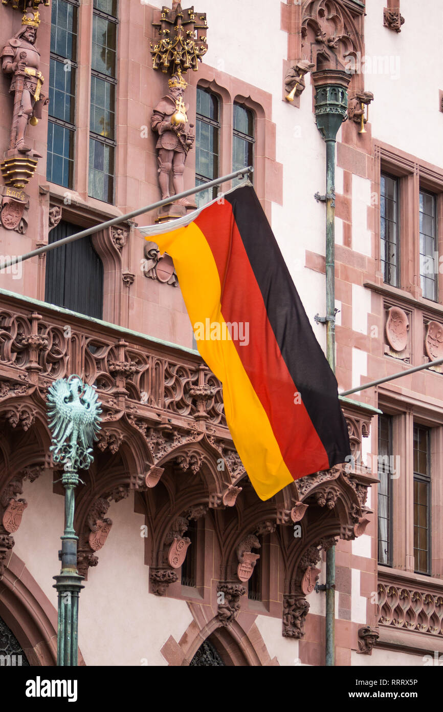 Europe Germany Hessen Rhine-Main Frankfurt am Main new Old Town Sachsenhausen, Flags blowing in the wind Stock Photo