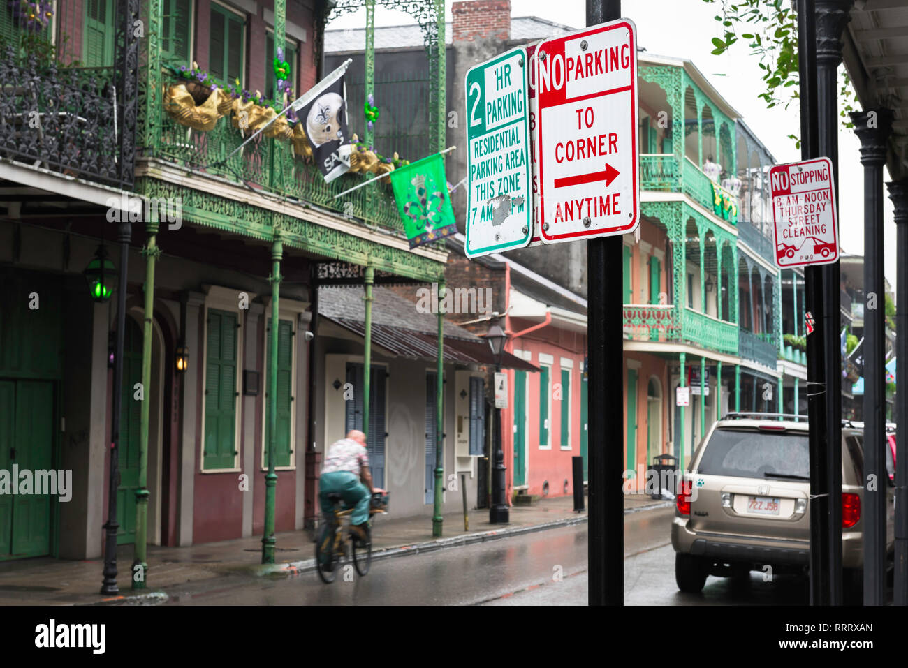 New Orleans street, view along Royal Street in the French Quarter on a rainy afternoon, New Orleans, Louisiana, USA. Stock Photo