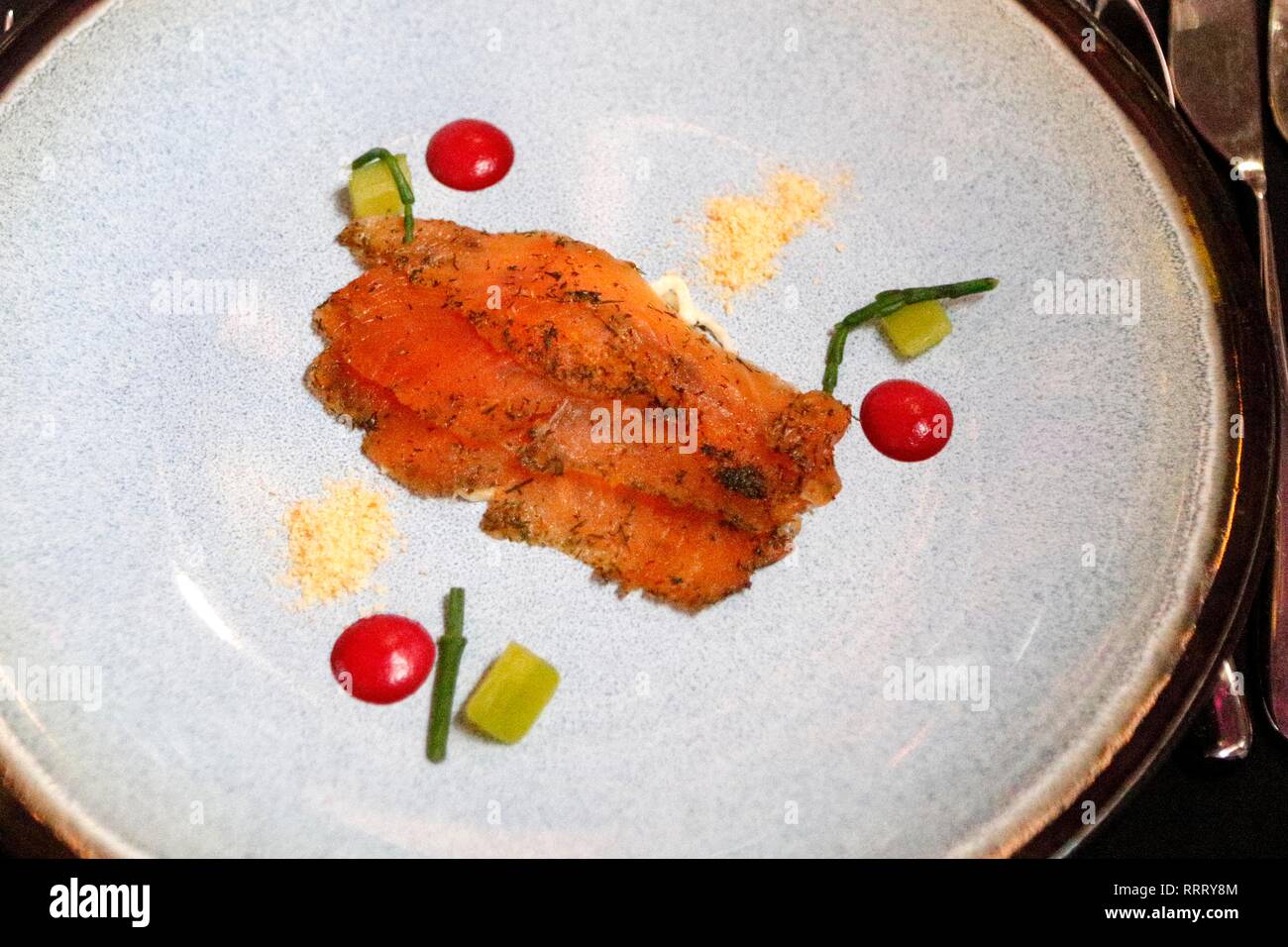 Awards night dinner, starter, Severn and Wye orange and fennel pollen