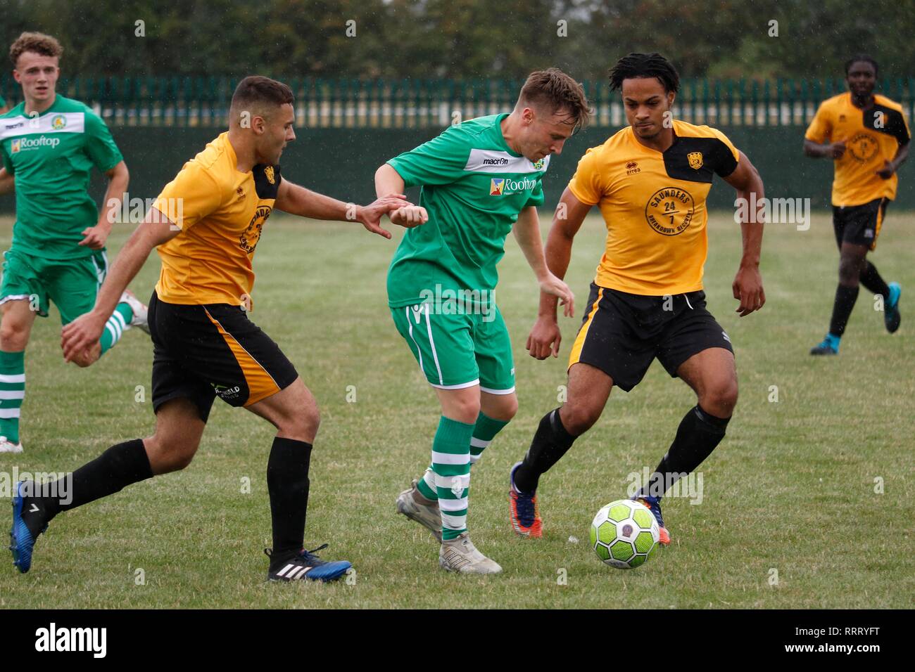 Elliott Kennedy for Bishops Cleeve FC vs Stotfold FC (gold strip), at Kayte Lane, Bishops Cleeve. 11th August 2018 Picture by Andrew Higgins/TWM Stock Photo