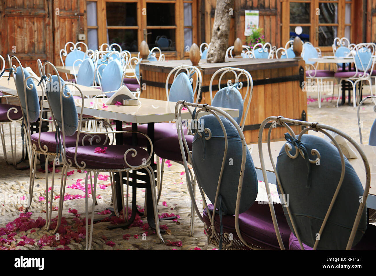 A group of outdoor restaurant tables in Byblos, Jbeil, Lebanon Stock