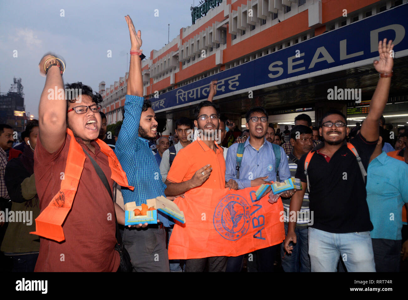 Kolkata, India. 26th Feb, 2019. Akhil Bharatiya Vidyarthi Parishad or ABVP activists celebrate India's major preemptive strike on Jaish e Mohammed camp. Credit: Saikat Paul/Pacific Press/Alamy Live News Stock Photo