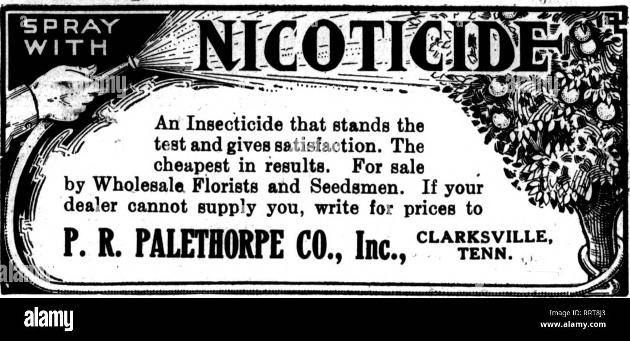 . Florists' review [microform]. Floriculture. The recognized standard Insecticide. A spray remedy for green, black, white fly, red spider, thrips. mealy bug and soft scale. Quart. $1.00: Gallon, $2.50 FUNGINE An infallible spray remedy for rose mildew, carnation and chrysanthemum rust. Quart, 75c; Gallon, $2.00 i VERMINE A soil sterilizer for cut, eel, wire and angle worms. Quart, li.OO; Gallon, 13.00 SCALINE A scalicide and fungicide combined for San Jose and various scale on trees and hardy stock, and various blights which affect them. Quart, 75c: Gallon, fl.60 NIKOTIANA A 12% nicotine solut Stock Photo
