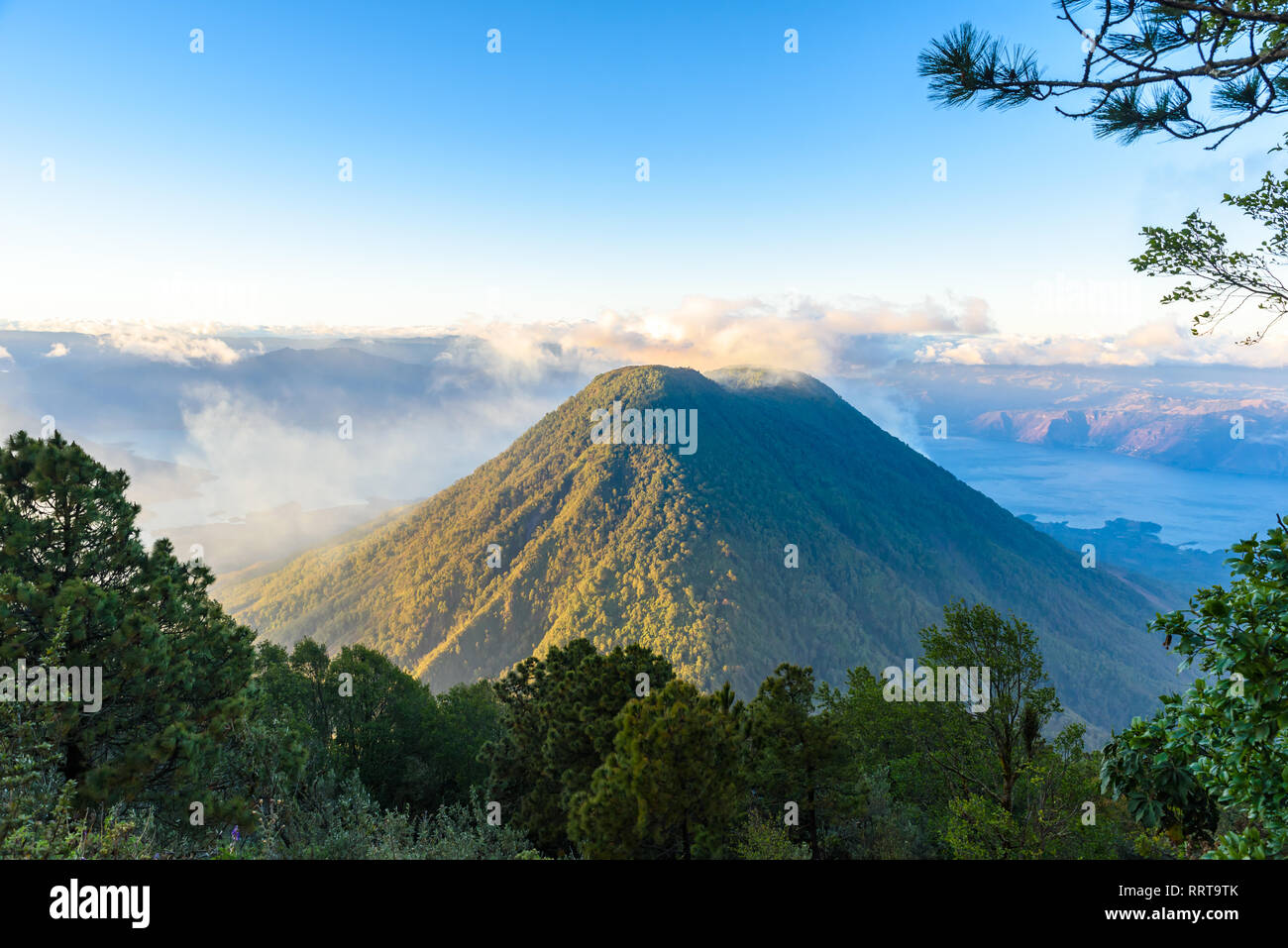 View to Volcano Toliman at Lake Atitlan in Highlands of Guatemala - Aerial View Stock Photo