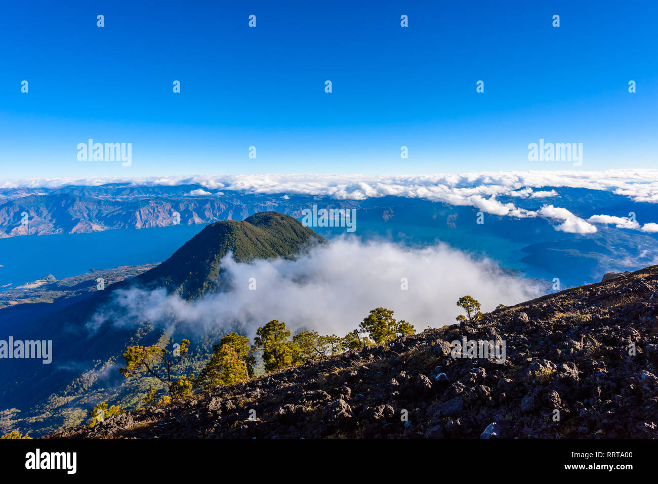 View to Volcano Toliman at Lake Atitlan in Highlands of Guatemala - Aerial View Stock Photo