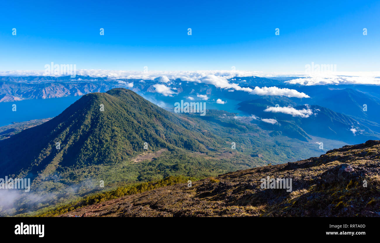 View to Volcano Toliman at Lake Atitlan in Highlands of Guatemala - Aerial View Stock Photo