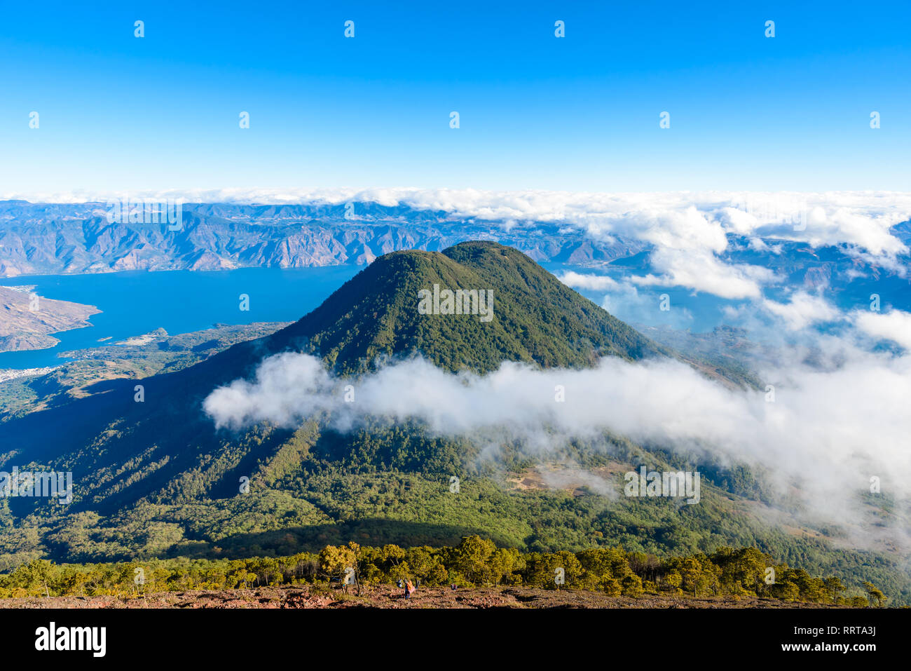 View to Volcano Toliman at Lake Atitlan in Highlands of Guatemala - Aerial View Stock Photo