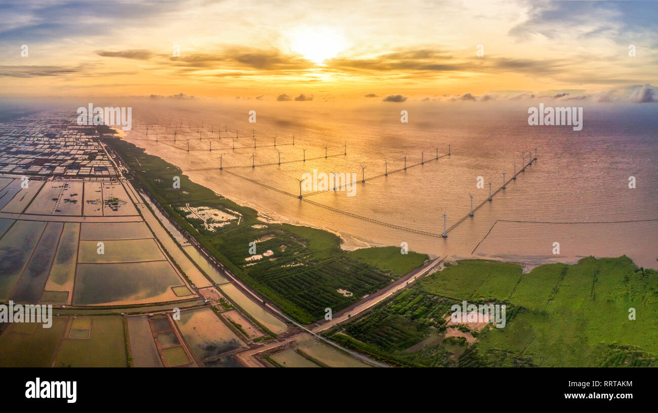 Aerial view of the wind turbine factory on the sea, Bac Lieu, Viet Nam Stock Photo