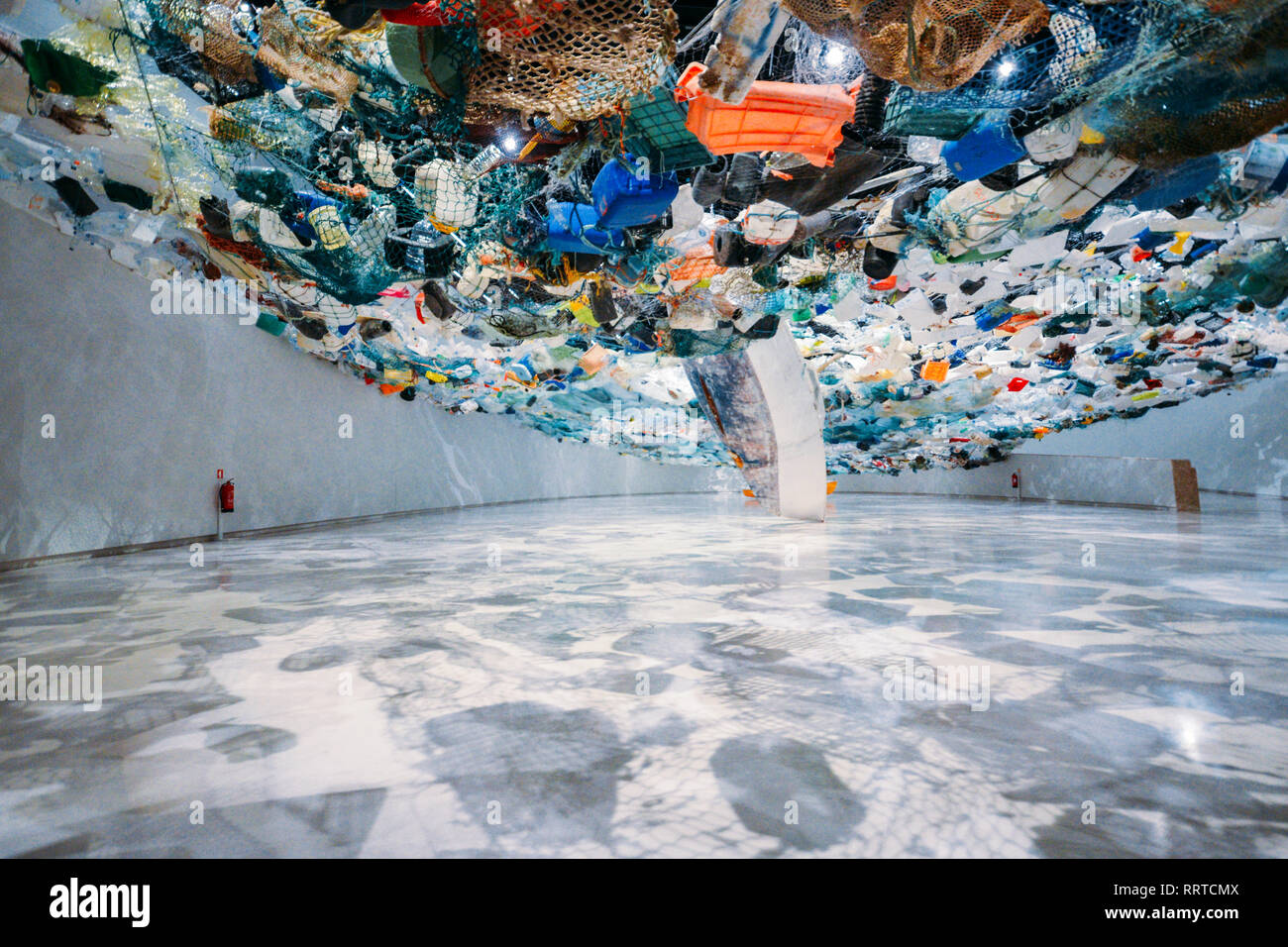Paris-based artist Tadashi Kawamata has created a monumental installation of ocean plastic in the Oval Gallery of Lisbon's Museum of Art, Architecture Stock Photo