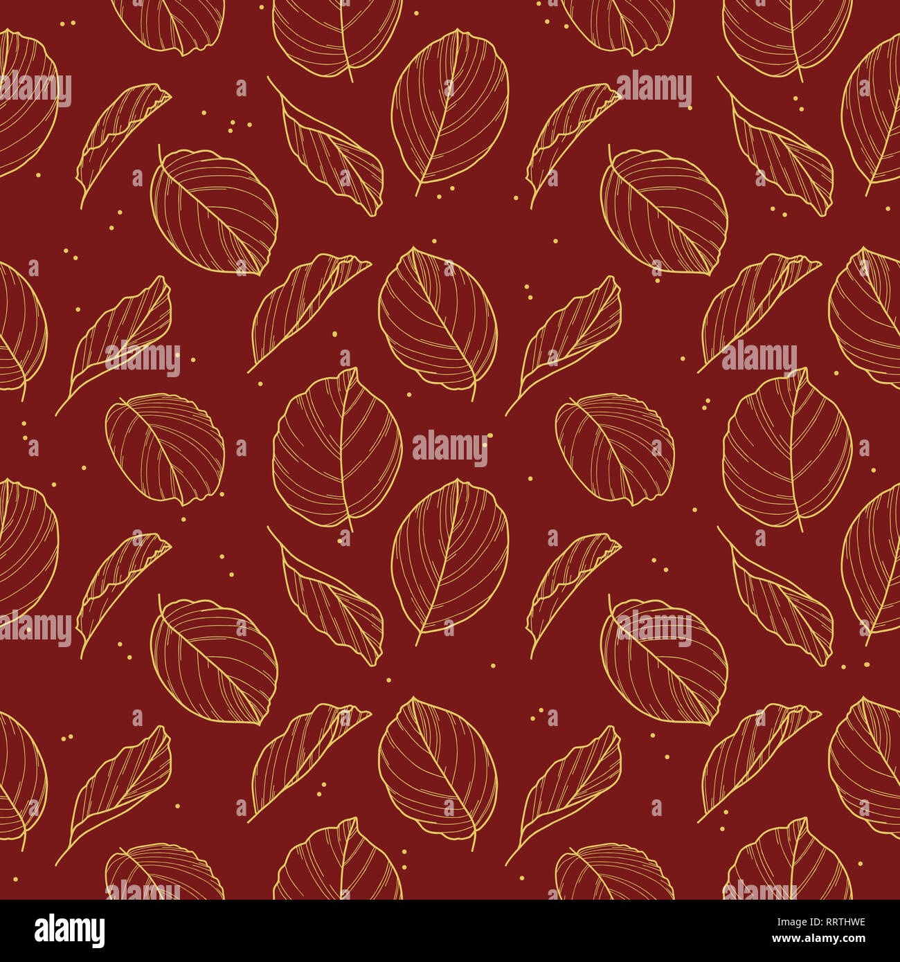 Elegant seamless pattern with drawn gold Calathea Prayer Plant leaves outlines in gold color on dark red background Stock Photo