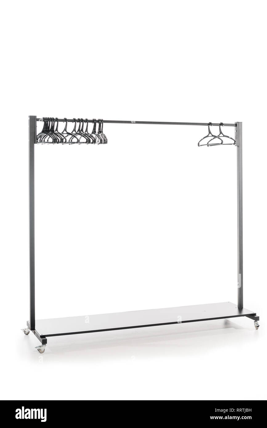 hatstand with hangers on white background with copy space Stock Photo