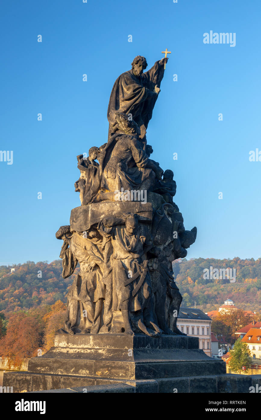 Prague - The Saint Francis Xavier statue from Charles bridge by F. M. Brokof (1711). Stock Photo