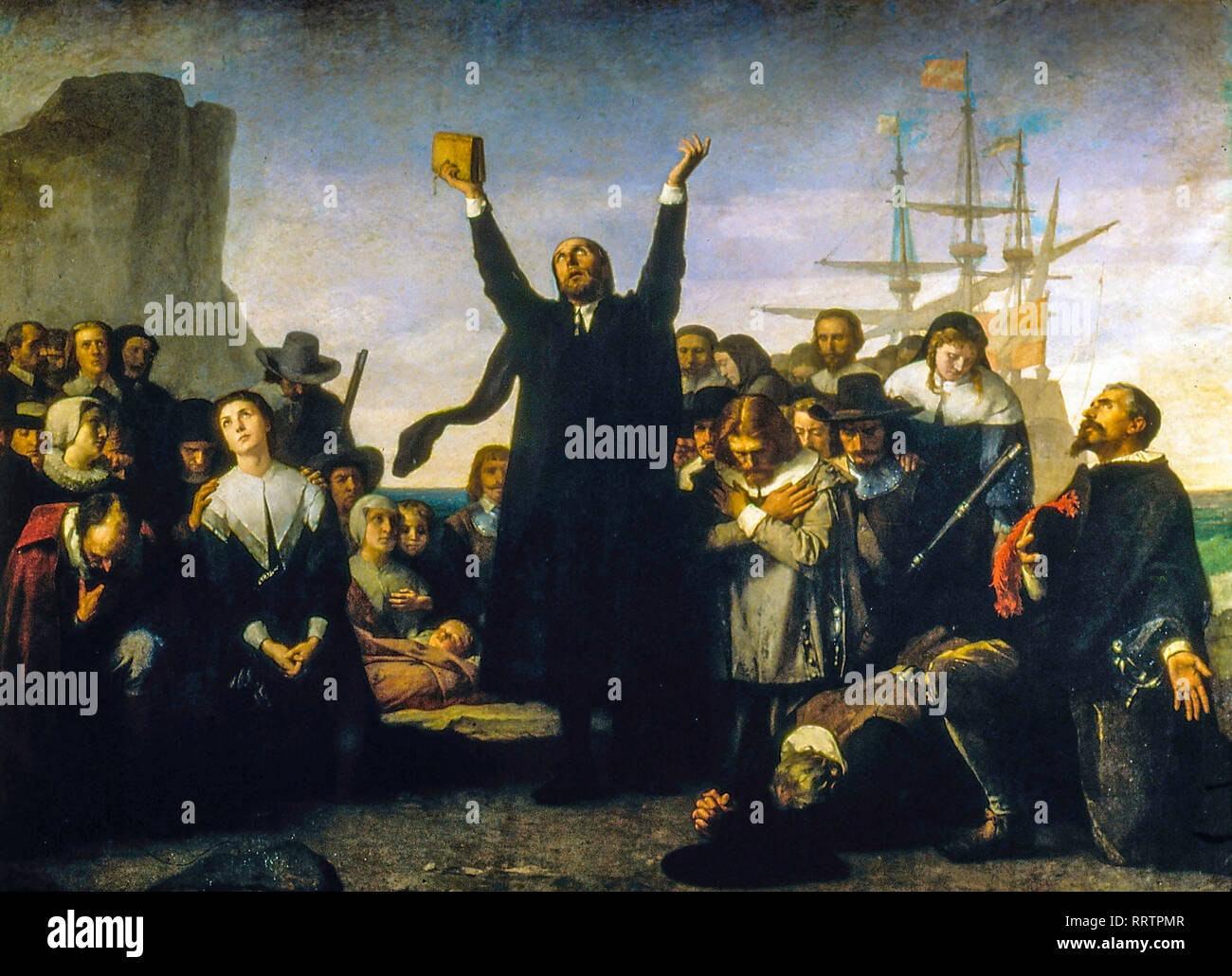 Landing of the Puritans in America, 1883, Pilgrim Fathers painting by Antonio Gisbert Stock Photo