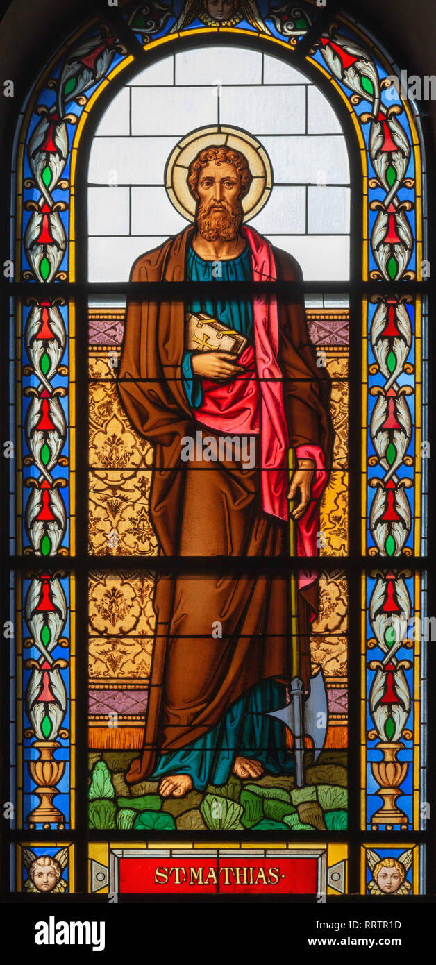 PRAGUE, CZECH REPUBLIC - OCTOBER 13, 2018: The apostle Saint Matthias the Evangelist in the stained glass of the church kostel Svatého Václava  (end o Stock Photo
