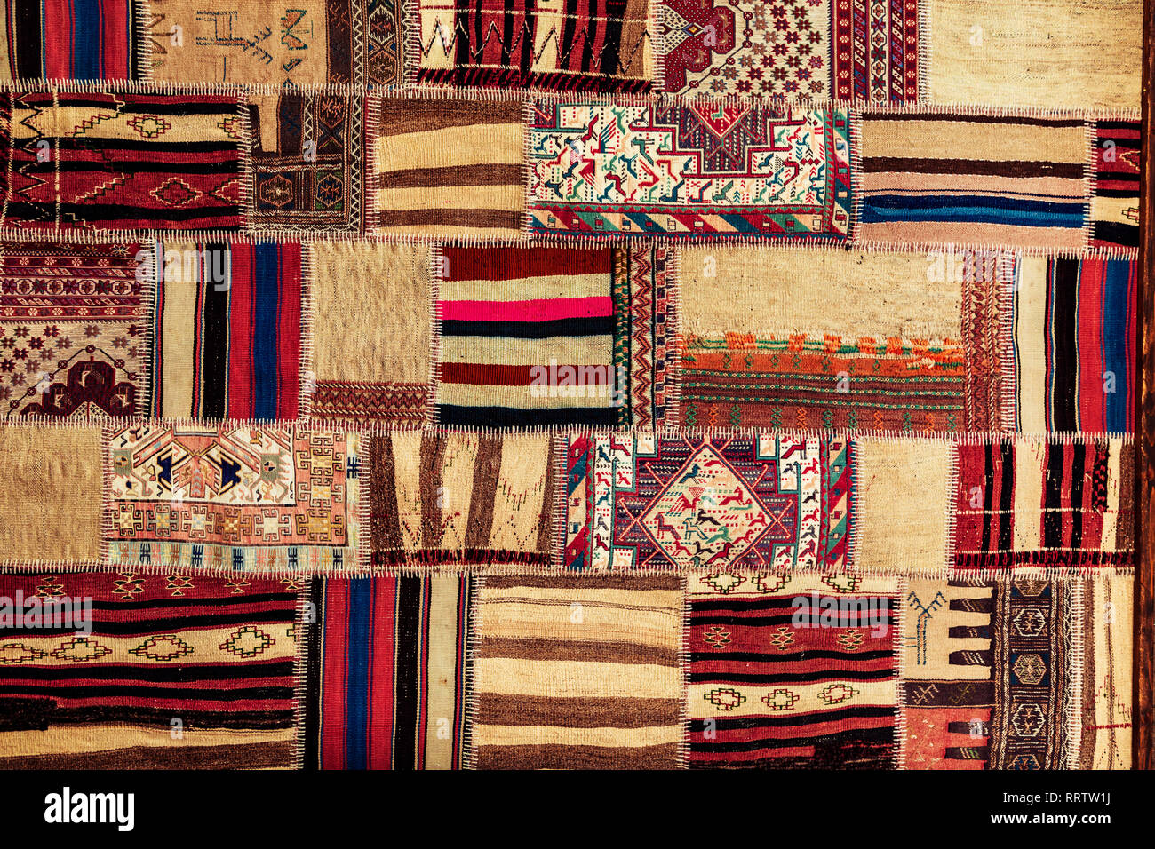 Turkish carpet patchwork handmade. Patchwork pattern, texture background. Stock Photo