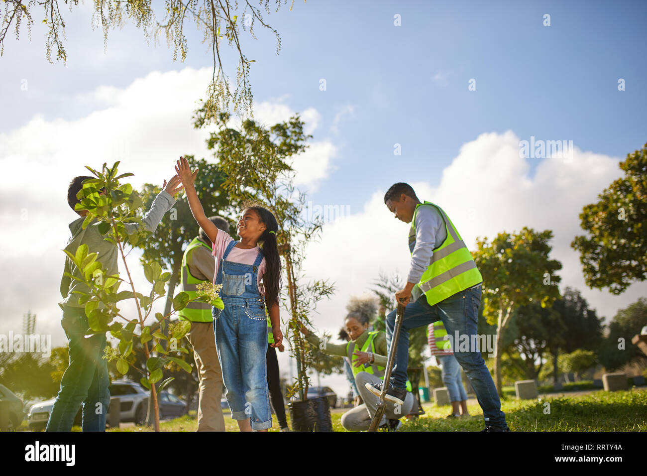 Kid volunteers high-fiving, planting trees in sunny park Stock Photo