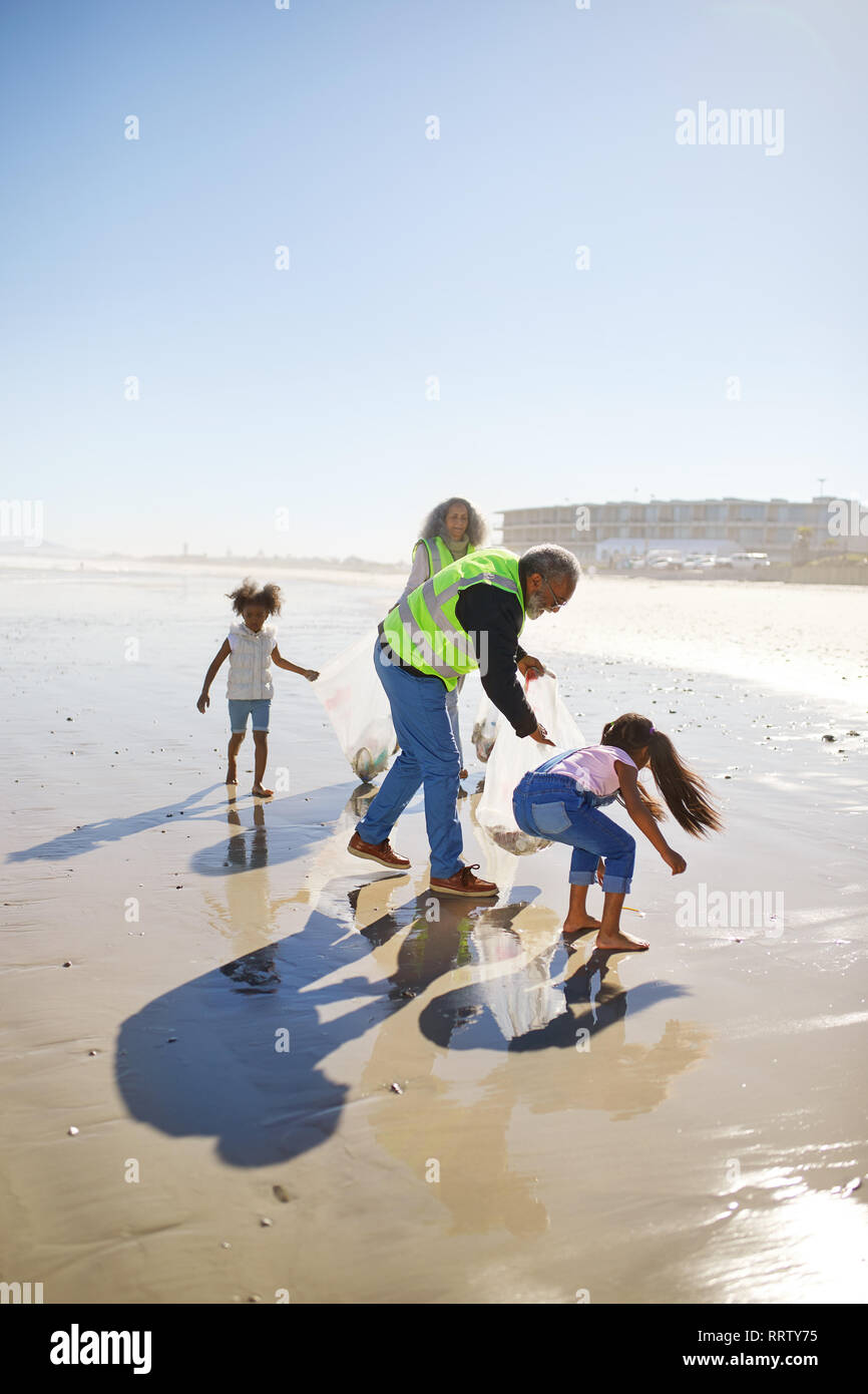 Volunteers cleaning up litter on sunny wet sand beach Stock Photo