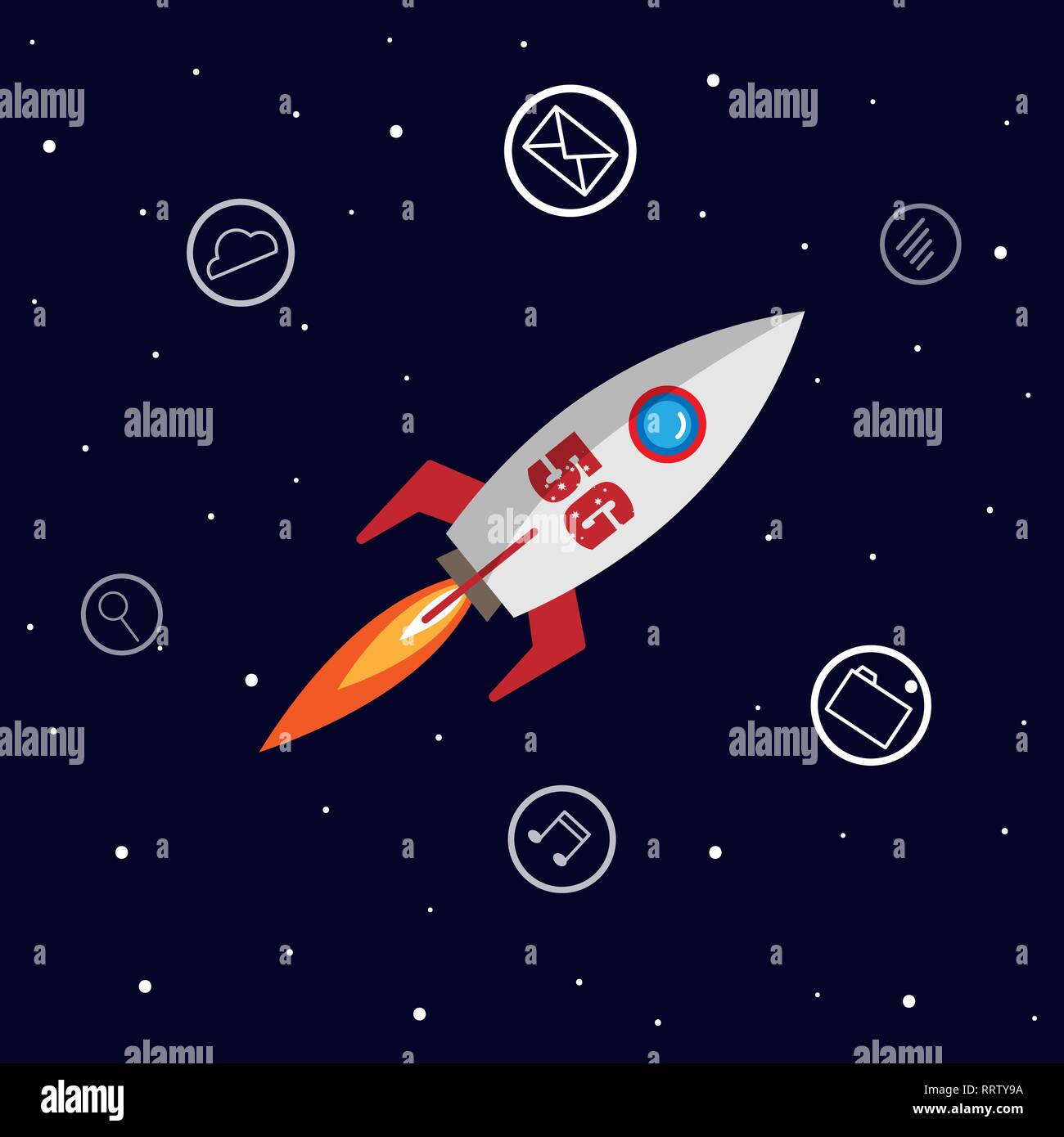 5g telecommunication with rocket and apps icon illustration vector 10 eps Stock Vector