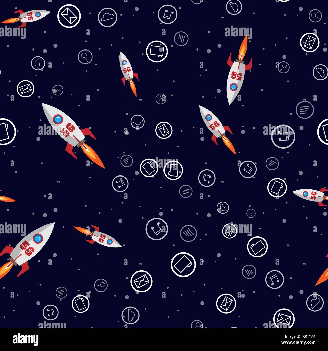 Seamless pattern 5g telecommunication with rocket and apps icon illustration vector 10 eps Stock Vector