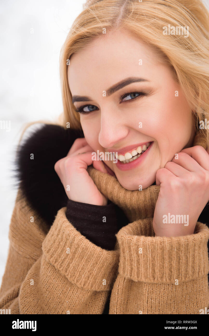 Outdoor close up photo of young beautiful happy smiling girl walking on ...
