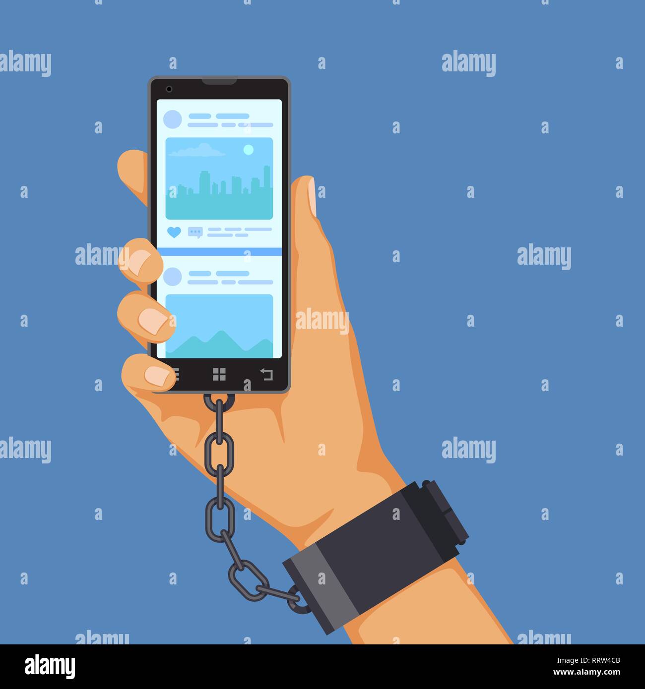 Gadgets addiction concept, hand shackled to smartphone Stock Vector