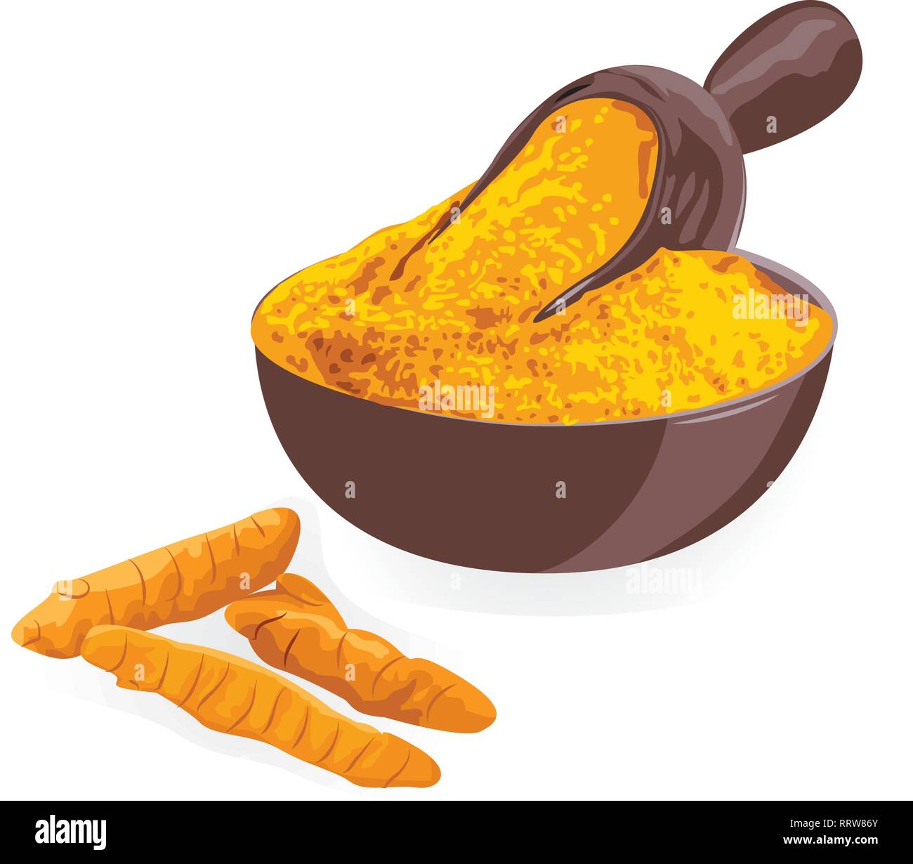 Tremeric Vector Turmeric roots and powderin in a bowl on a white background vector ...