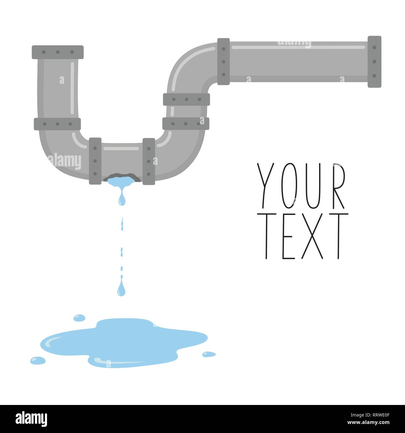 Leaking pipe with flowing water vector illustration. There is space for text Stock Vector