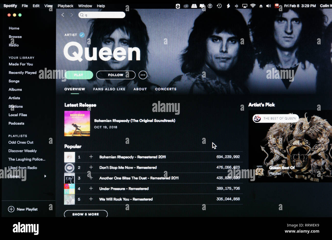 Queen Spotify home page Stock Photo