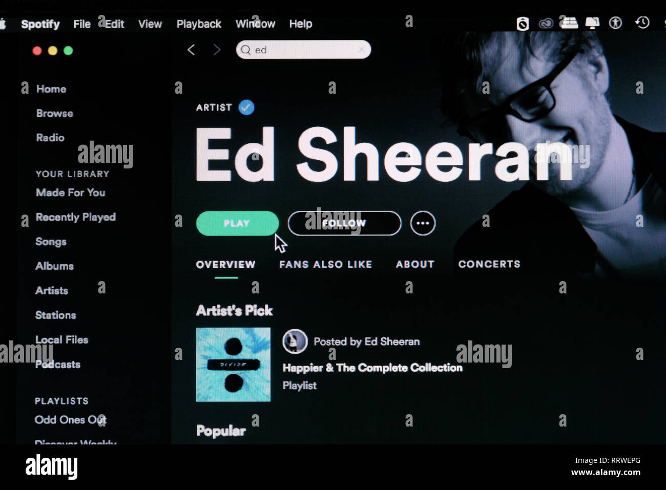 Ed Sheeran Spotify home page Stock Photo