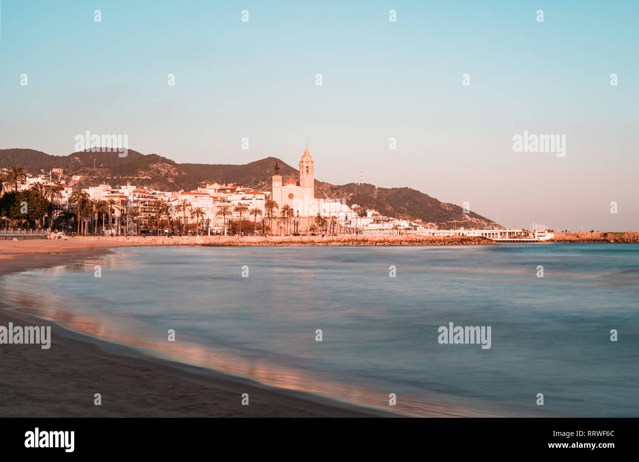 Blue hour view of mediterranean town of Sitges in Barcelona province. Spain. Stock Photo